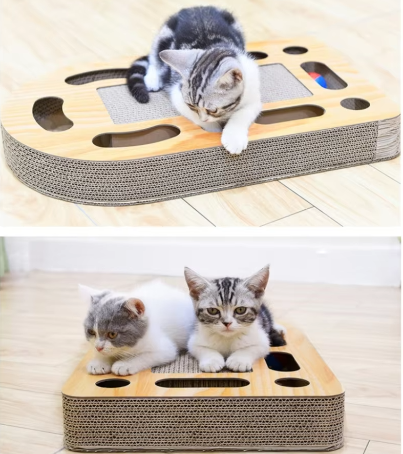 Plat à Gratter pour Chats avec Jouets - Tapis à Gratter en Carton Ondulé et Cadre en Bois