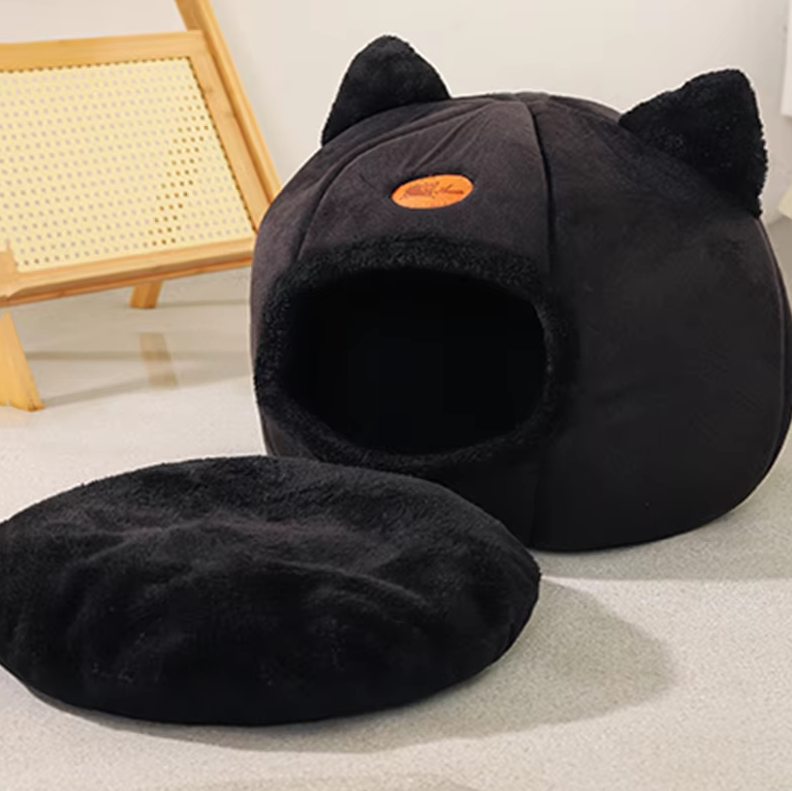 Lit Douillet en Forme de Chat pour Animaux de Compagnie - Douce Maison pour Chats Chauffante avec Coussin Amovible