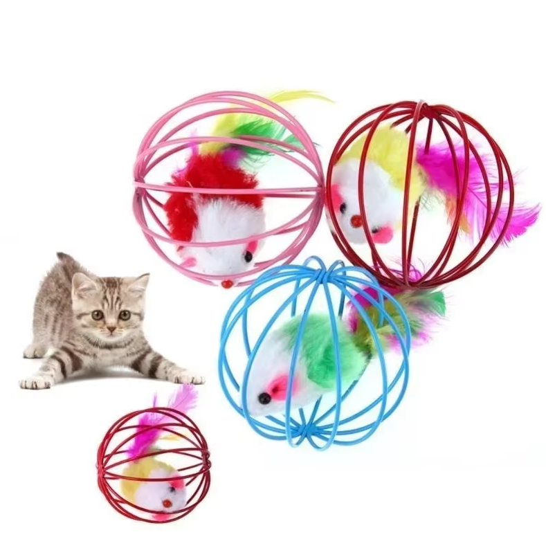 Jouet pour Chats Souris en Cage avec Queue en Plumes