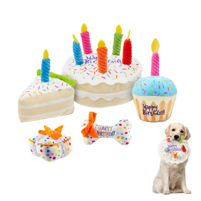 Jouets pour Chiens Anniversaire Set - Gâteau en Peluche , Cupcake & Os avec Fonction Couinement