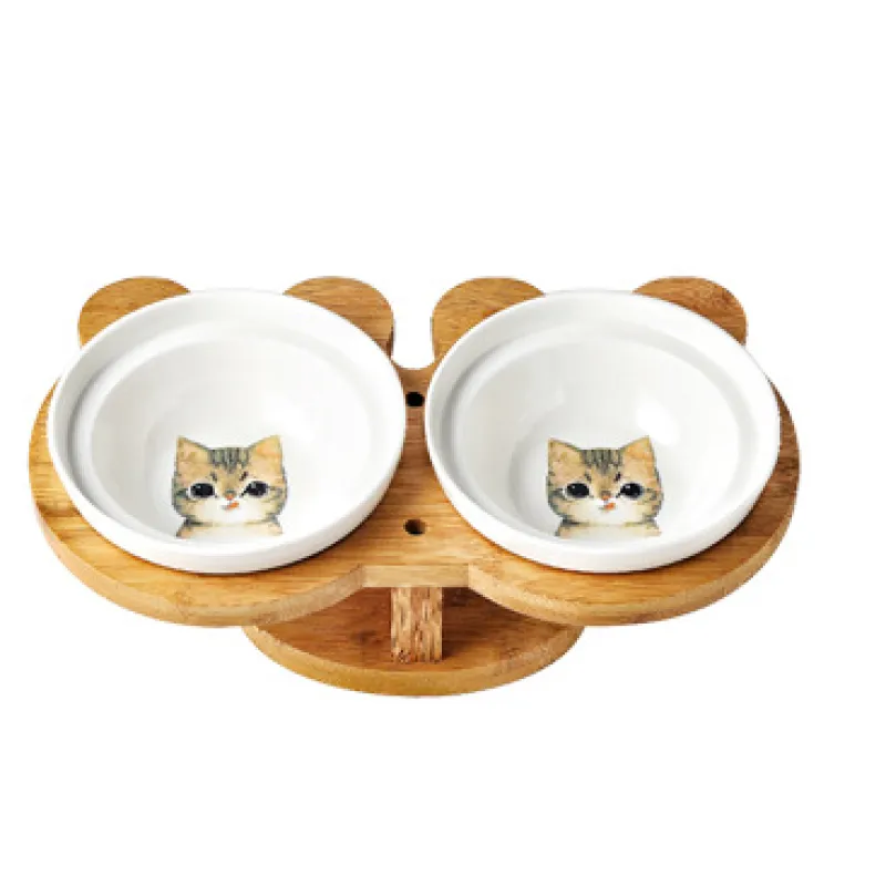 Écuelle Surélevée pour Chats - Écuelle Double en Céramique avec Support en Bambou