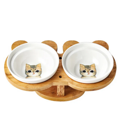 Écuelle Surélevée pour Chats - Écuelle Double en Céramique avec Support en Bambou