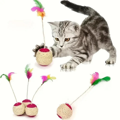 Balle Interactive pour Chats avec Plumes et Corde en Sisal