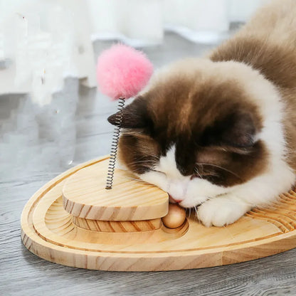 Jouets pour Chats Griffoir en Bois - Tapis de Jeu Interactif avec Plume et Balle