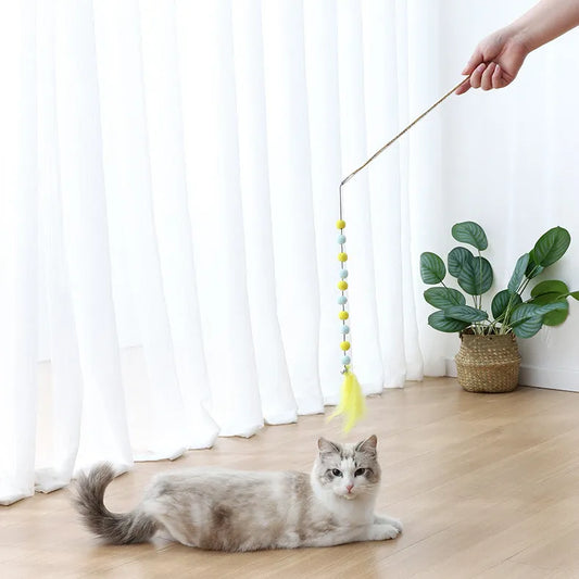 Jouet Interactif pour Chats avec Pompons et Plumes - Canne à Pêche Ludique pour Chats