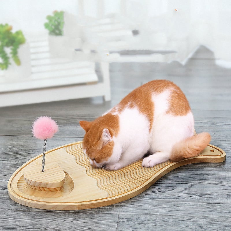 Jouets pour Chats Griffoir en Bois - Tapis de Jeu Interactif avec Plume et Balle