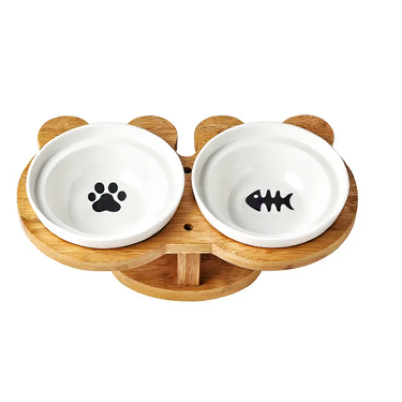 Écuelle Surélevée pour Chats - Écuelle Double en Céramique avec Support en Bambou