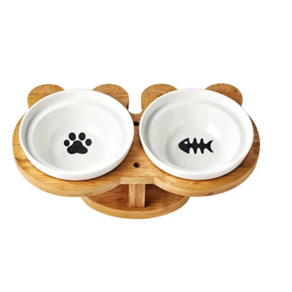 Écuelle Surélevée pour Chats - Écuelle Double en Céramique avec Support en Bambou
