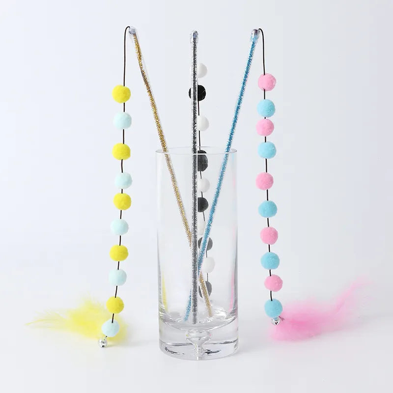 Jouet Interactif pour Chats avec Pompons et Plumes - Canne à Pêche Ludique pour Chats