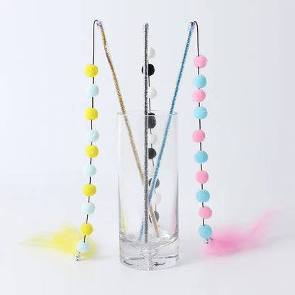 Jouet Interactif pour Chats avec Pompons et Plumes - Canne à Pêche Ludique pour Chats